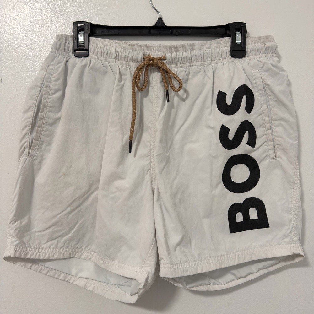 Boss White Swim Trunks with Black Logo XL